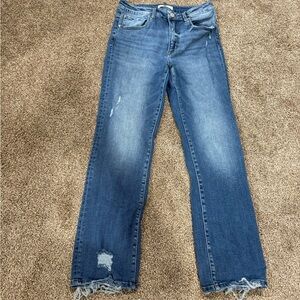 Blue Straight Leg Jeans with Distressed Details